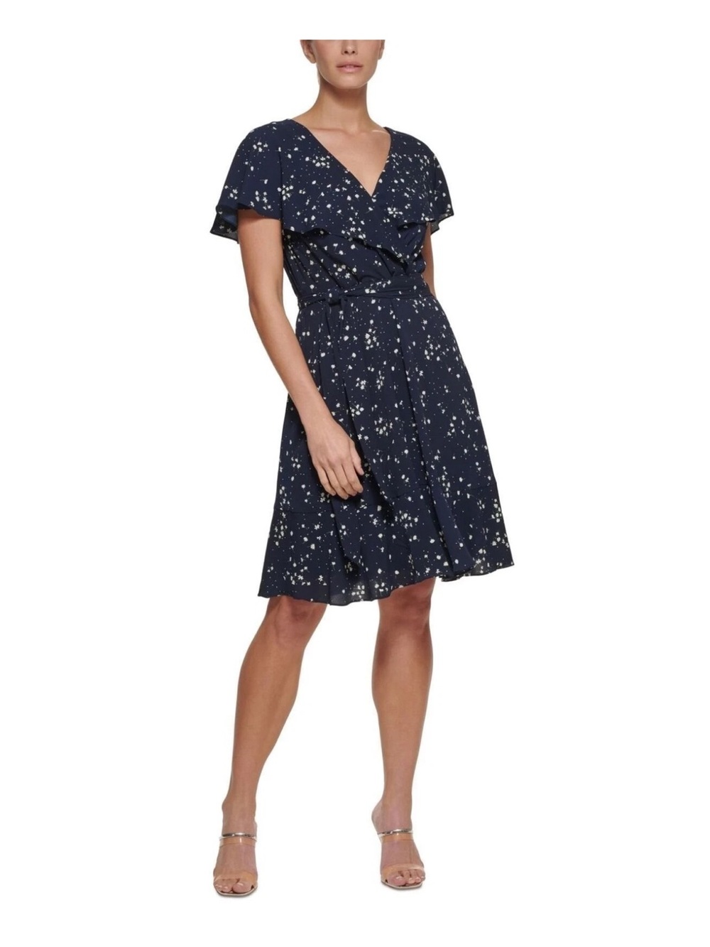 DKNY Navy Star-Print V-Neck Wrap Midi Dress with Tie Waist NWT